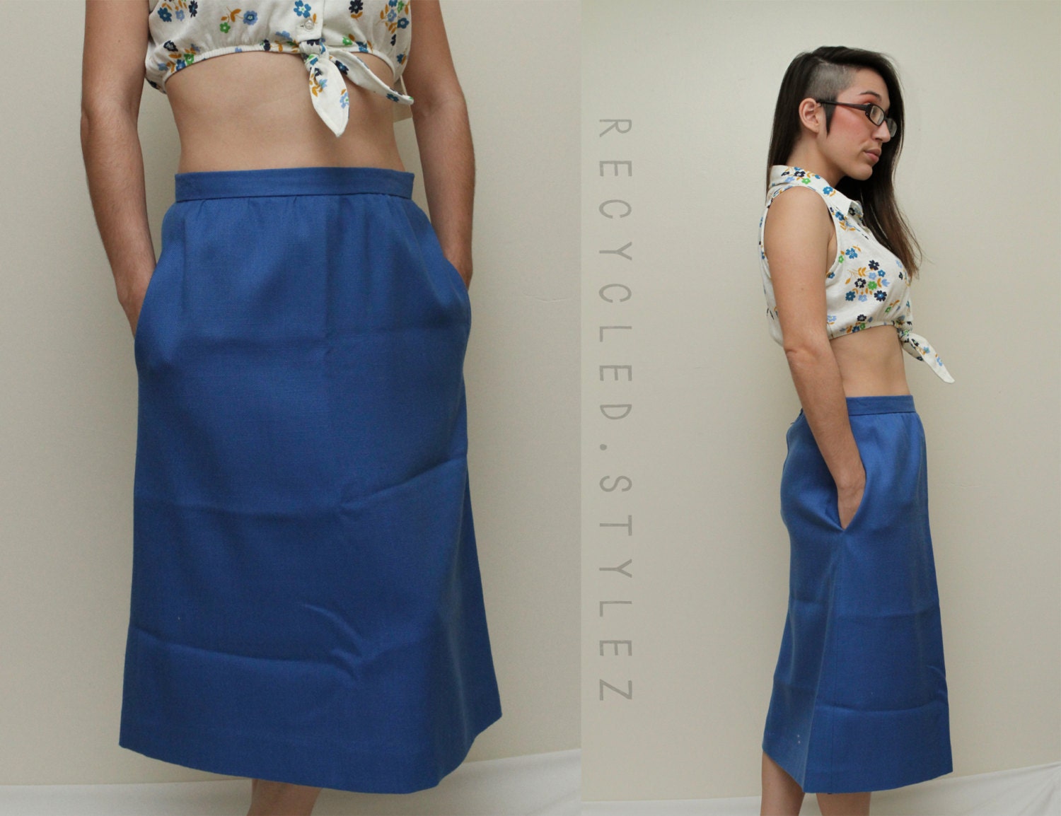 true blue -- Vintage 70s David Craig Classic Calf Length A-Line Skirt  -  M / L