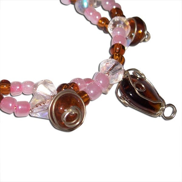 Pink and Clear with Brown Hearts and Circles Double Bracelet