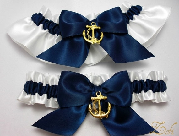Garter set in white and navy blue satin with navy blue satin bows and gold anchor charms - Simply Satin