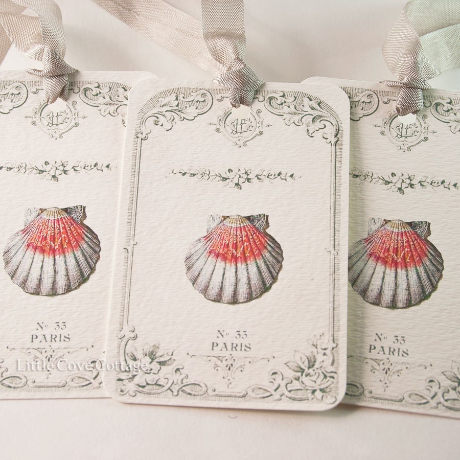 Gift Tags Shell French Vintage Style Printed on Watercolor Paper