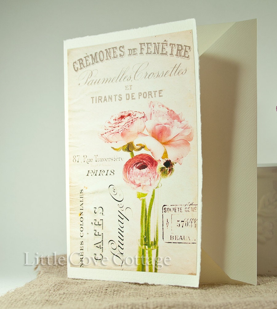 Greeting Card Ranunculus Flowers in Vintage Style Collage on Deckle Edge Fine Italian Stationery