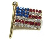 Vintage Flag Pin, Old Glory, USA Flag, Rhinestone Flag Pin Signed