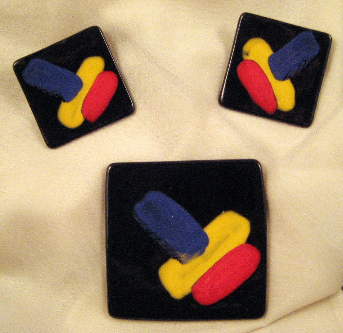 Hand Painted Vintage Modern Art Brooch and Earrings ( Discounted )