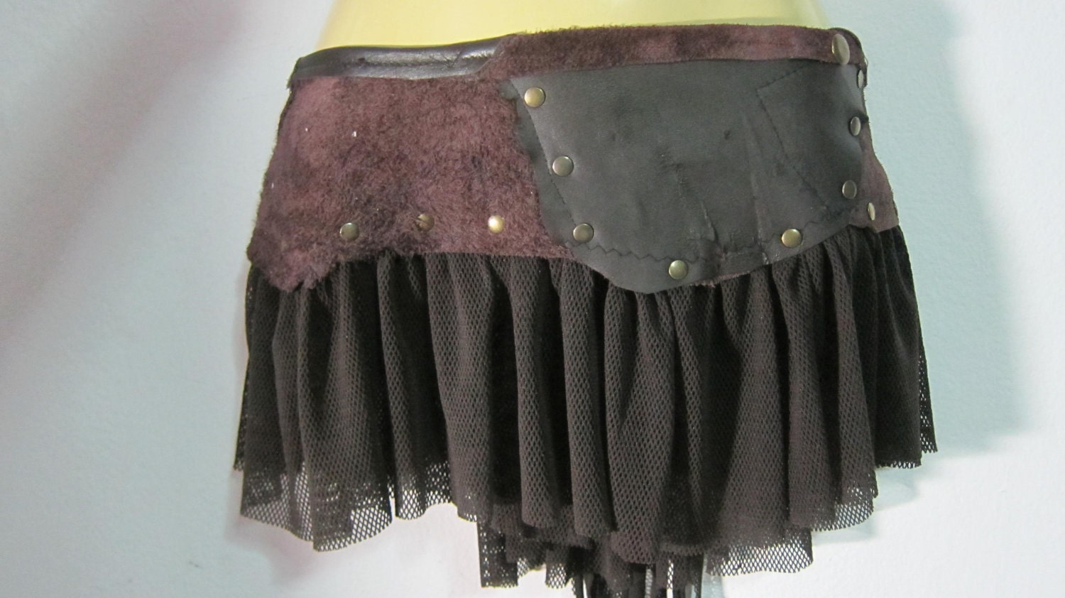 RESERVED..vintage inspired bohemian chocolate leather mini skirt belt/tutu with stud detail....