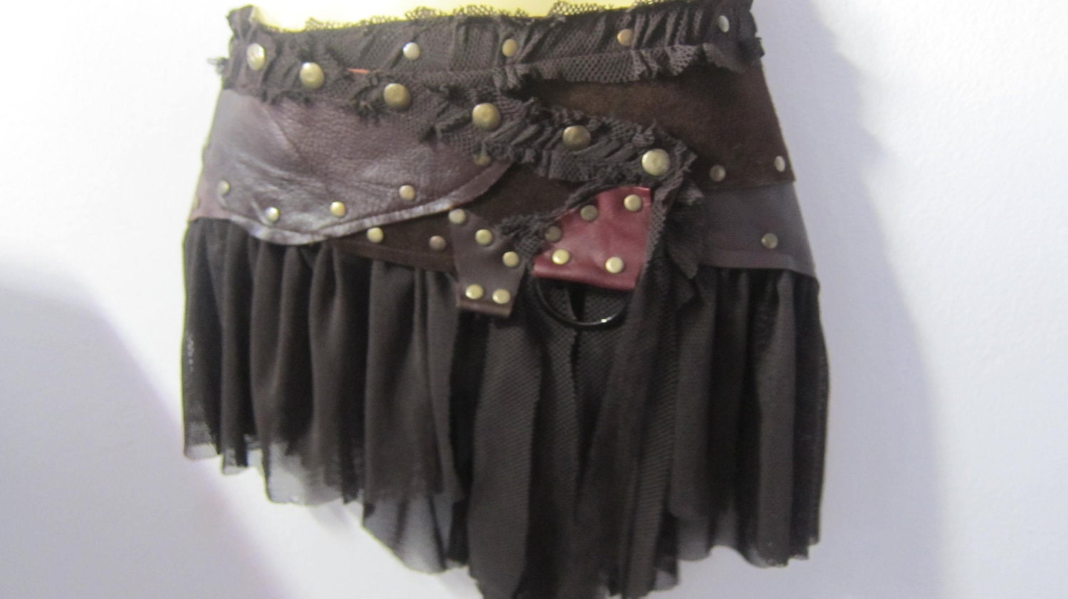 vintage inspired bohemian chocolate leather mini skirt belt/tutu with stud detail....