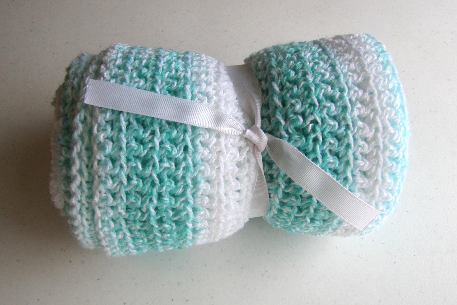 Crocheted Teal and White Baby Blanket