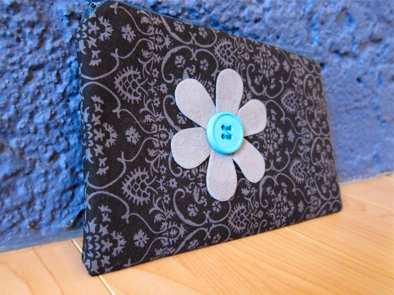Reserved for MDR - Hard Drive Case or Cosmetic Bag, Black Licorice with Faux Suede Flower