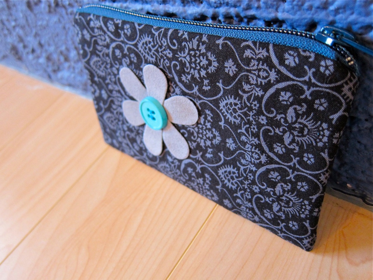 Reserved for MDR - Hard Drive Case or Cosmetic Bag, Black Licorice with Faux Suede Flower