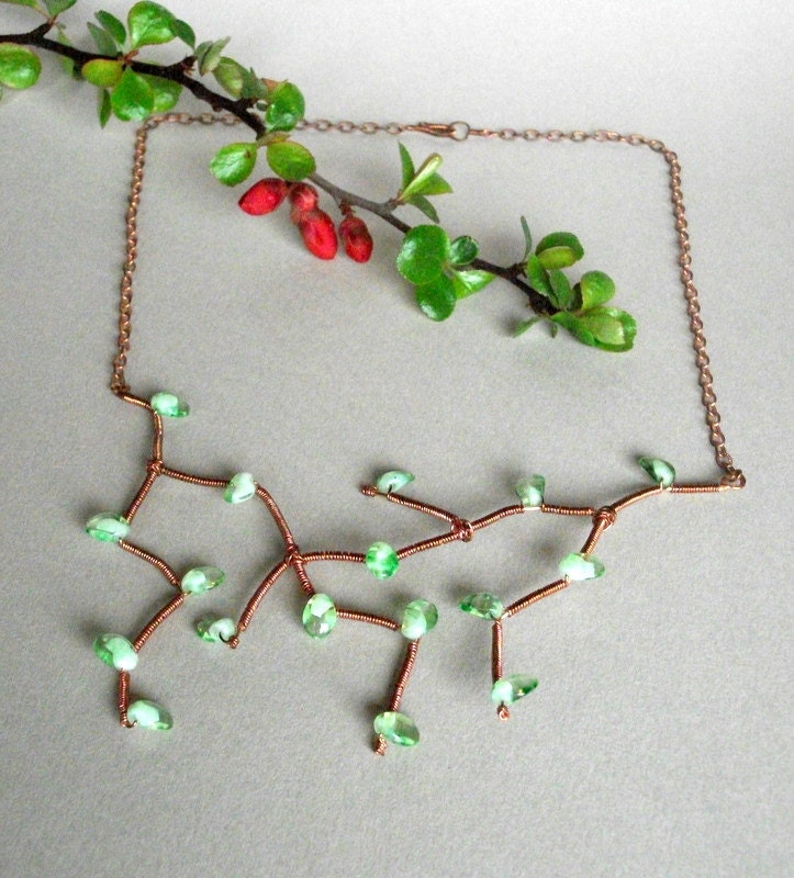 Green and Copper Necklace, Wire-wrapped, Fall Necklace