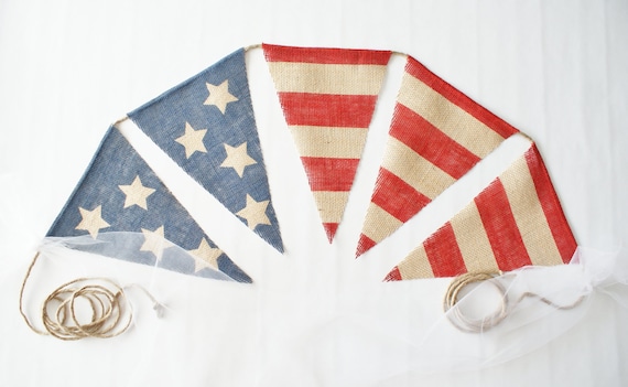 AMERICAN FLAG Burlap bunting banner Red White and Blue