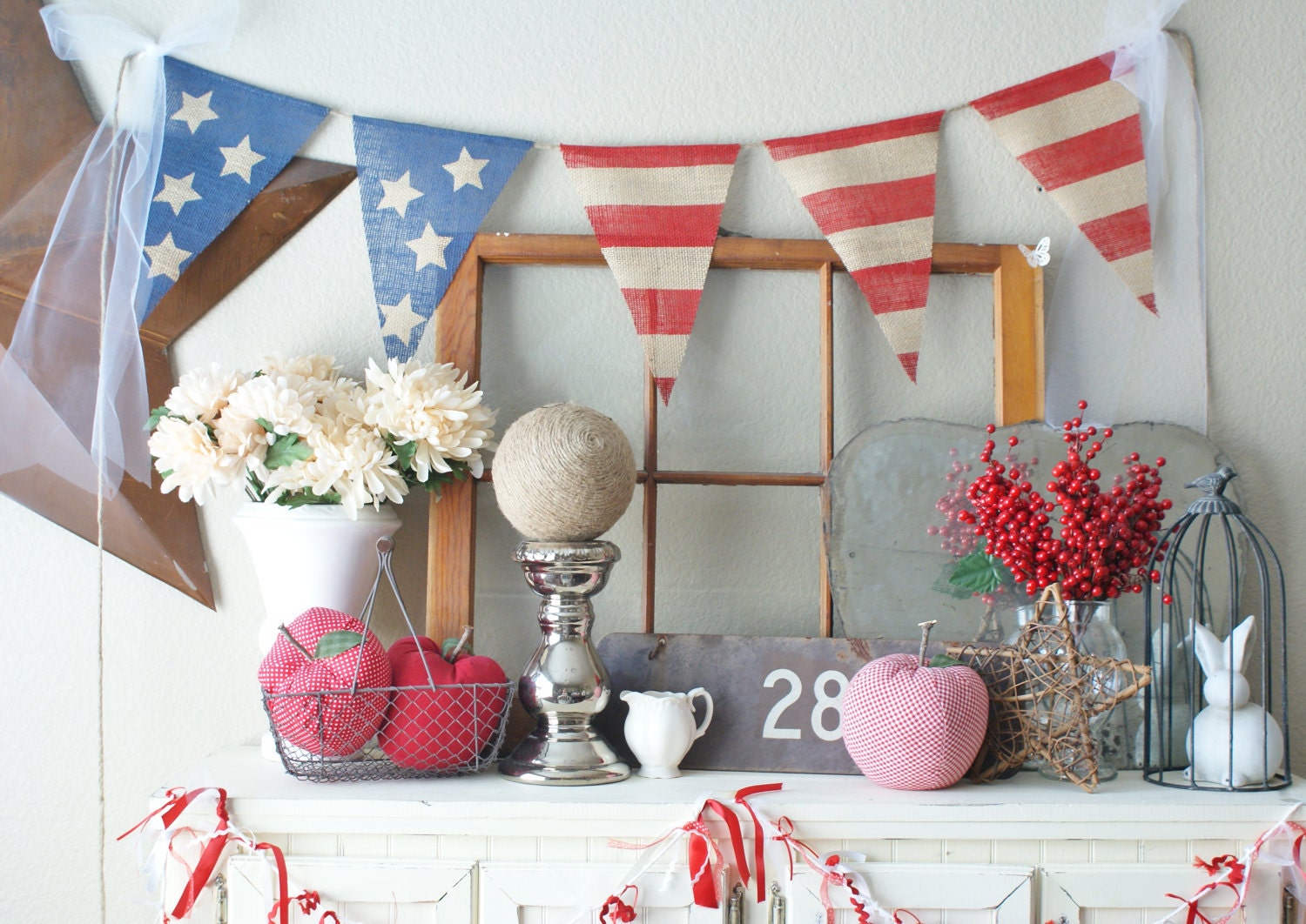 AMERICAN FLAG Burlap bunting banner Red White and Blue