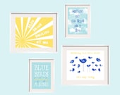 Blue Skies Smiling at Me  Print set  in yellow, dark blue, aqua and white. Four Prints Set 8x10 and 5x7 by YassisPlace FREE SHIPPING