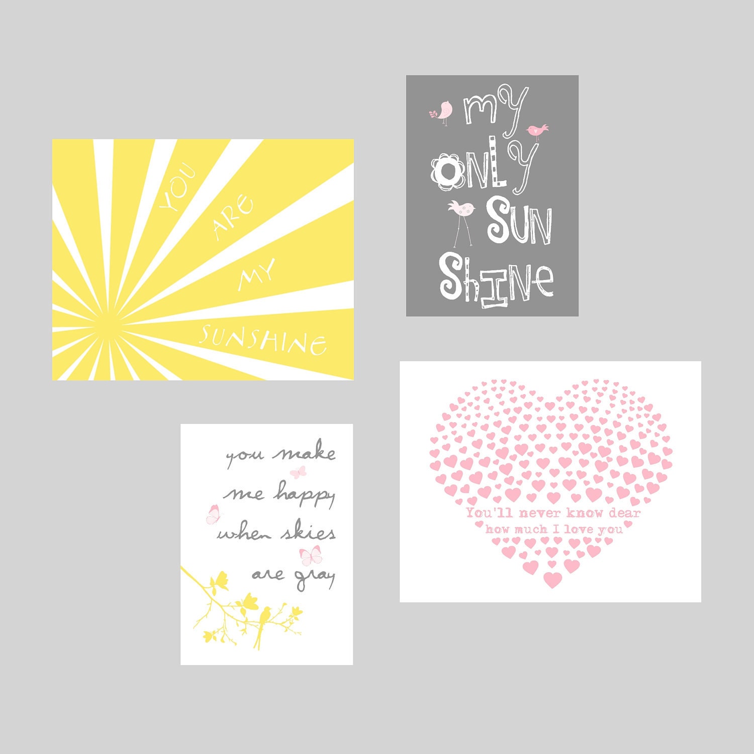 Eclectic Style You Are My Sunshine Prints in yellow, grey,seafoam and pink. 4pc Set 8x10 and 5x7 by YassisPlace