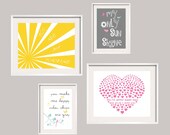 Reserved listing for Kelly Eclectic Style You Are My Sunshine Prints in yellow, grey,seafoam and pink. 4pc Set 8x10 and 5x7 by YassisPlace