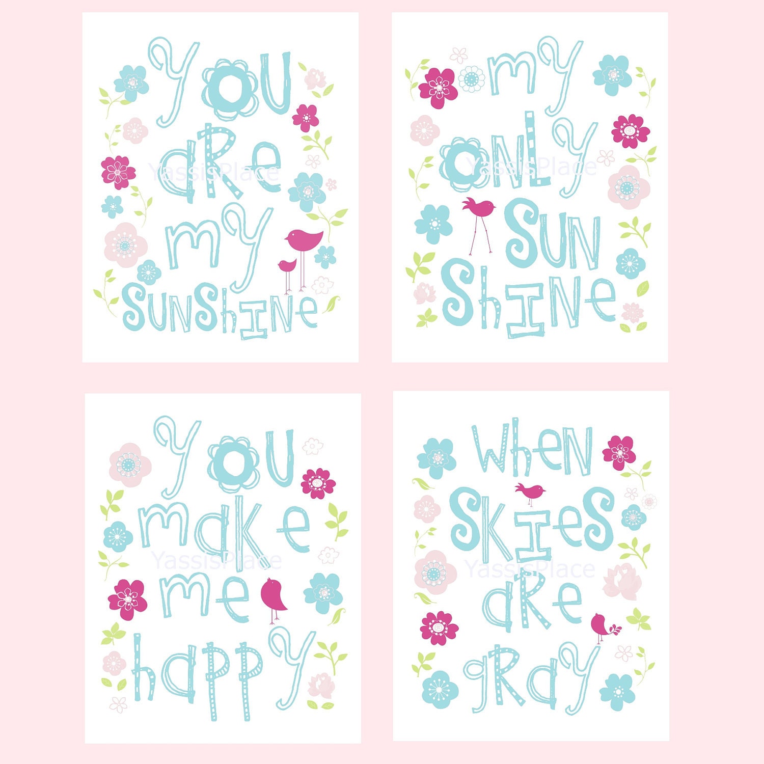 You Are My Sunshine Prints 4 pc Set For Girl 8x10 in raspberry, pink, and aqua Goes well with Coco Dot Bedding PBK