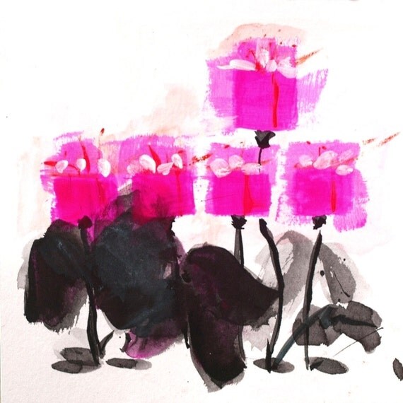Neon Pink Box, Abstract, Flower, Painting, Ink, Acrylic, Original, 6 x 6 inch