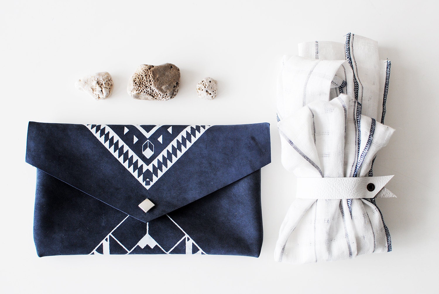 SALE Geometrical Illusion Printed  Leather Pouch  Navy Blue