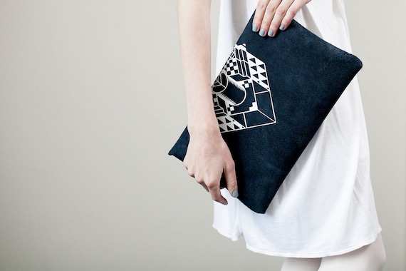 Envelope Bag Geometrical Illusion Leather Suede Navy Blue with White No. EB-101