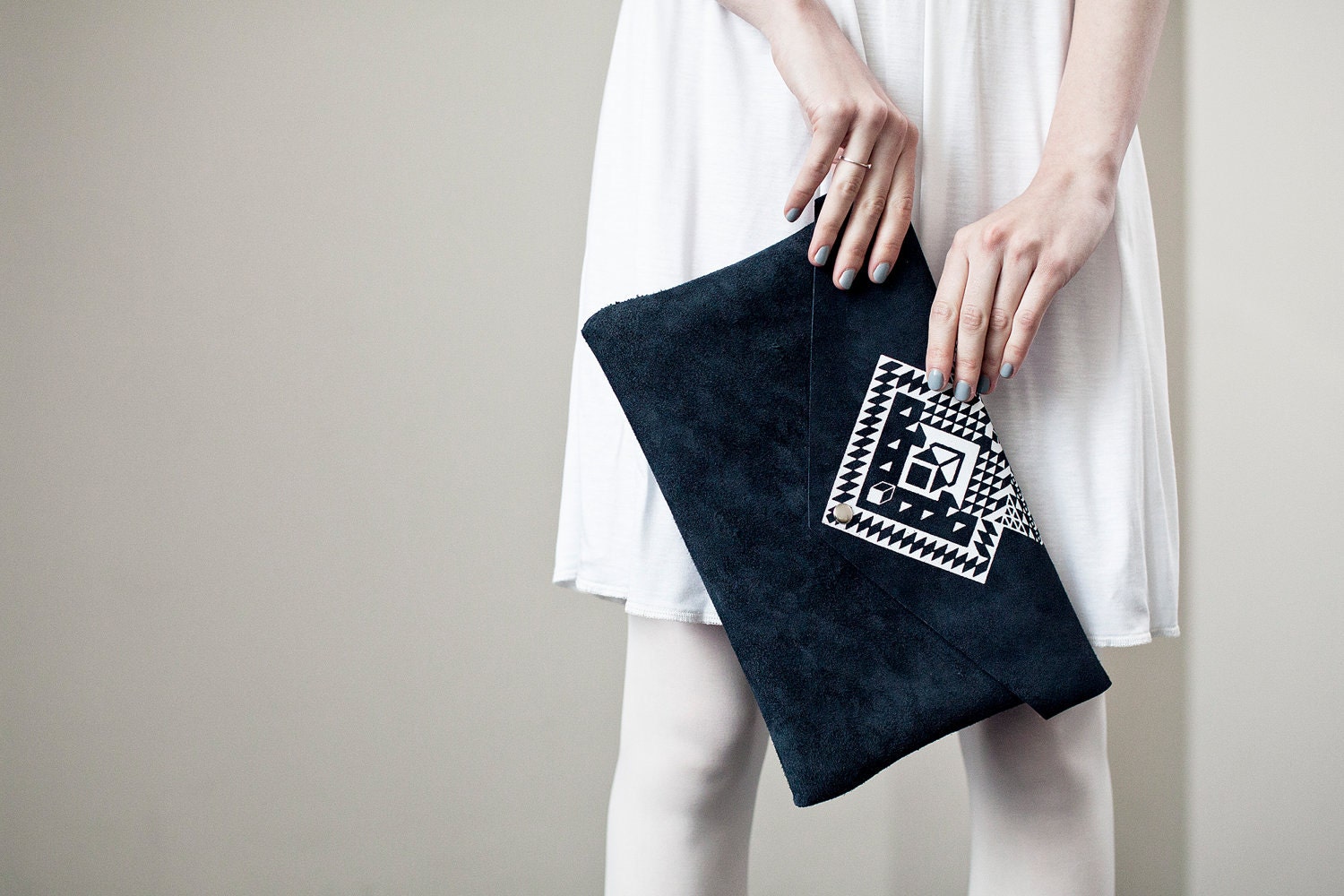 RESERVED Envelope Bag Geometrical Illusion Leather Suede Navy Blue with White No. EB-101