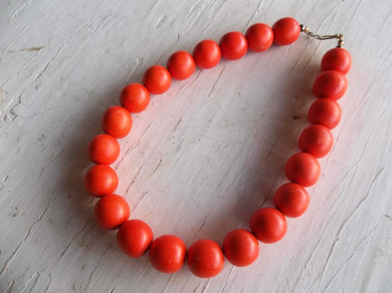 Neon Orange Wooden Beaded Necklace / Circa 1960's Mod