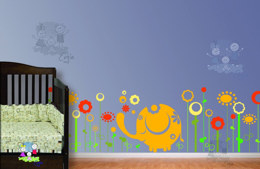Nursery Wall Sticker - Baby Elephant in the Meadow - FLWD020