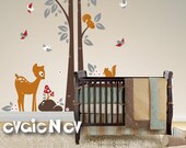Children Wall Decal Wall Sticker - Squirrels On the Tree with Baby Deer and Birds Wall Stickers - PLWD010L