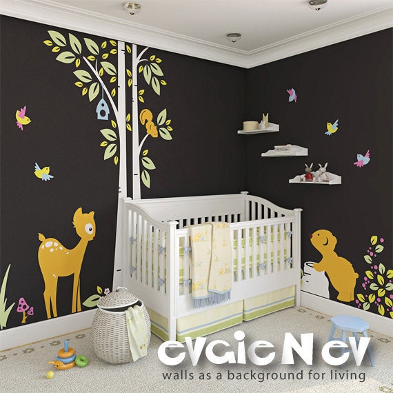 Children Wall Sticker Wall Decal For Nursery - Bear with Bambi Baby Deer, Squirrels and Birds - PLWD030