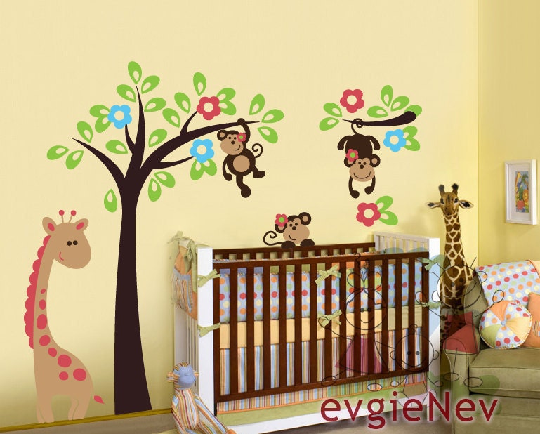 Nursery Wall Stickers - Monkeys on the Tree with Giraffe Jungle Wall Decal - PLSF020L