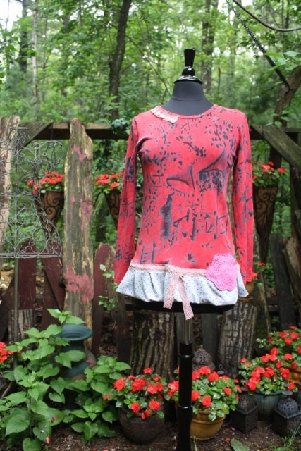 Red tag- Scarletta upcycled hand dyed top/tunic. Size: Small.
