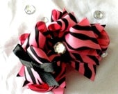 Girls Boutique Hair Bow Layered - Pink Zebra Pretty Preppy Bow - Zebra, Pink, Bling, Black