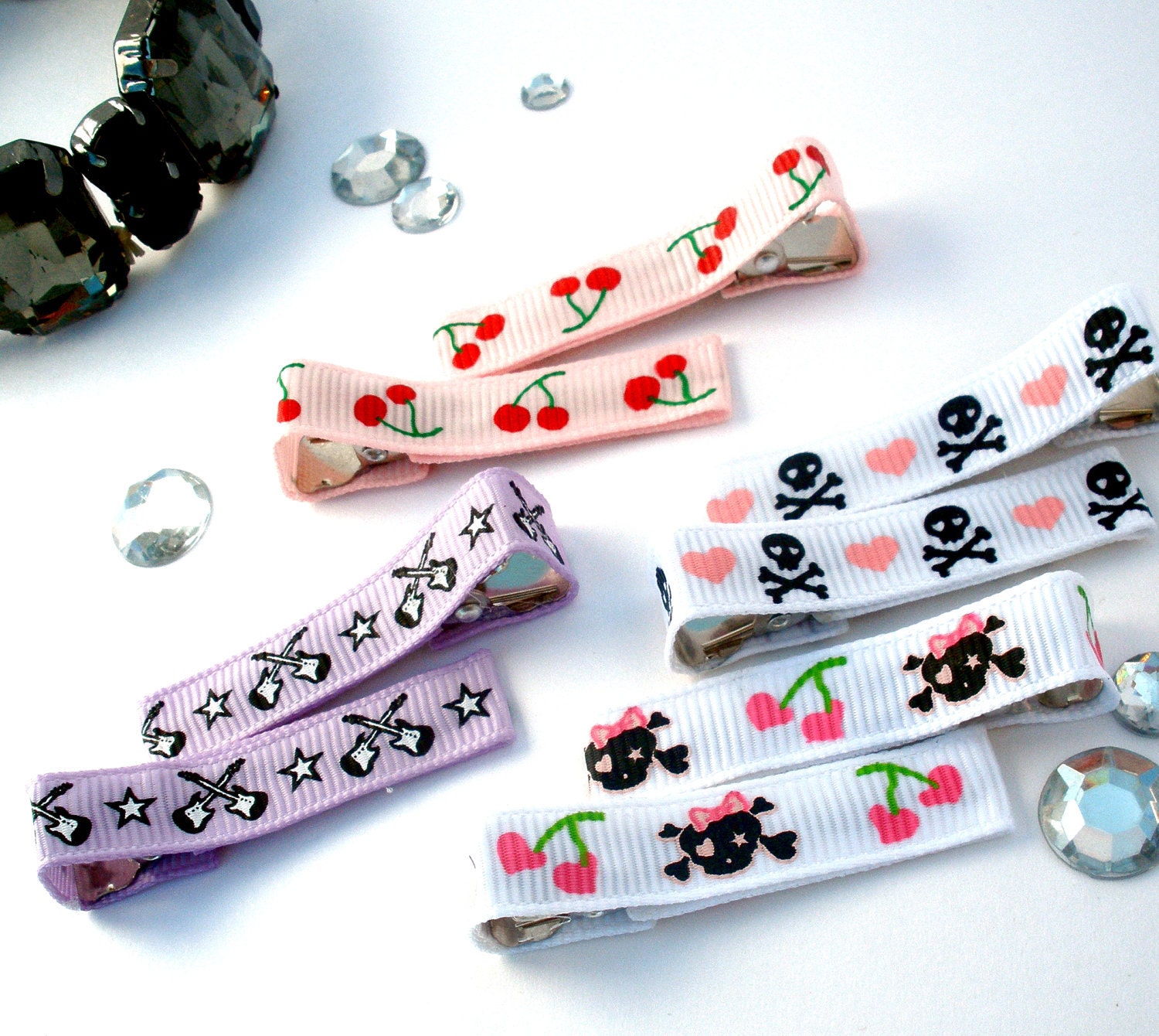 Girls Boutique Hair Bows - Rock Star Bitty Clips (Set of 8) - Skulls, Baby Shower Gift, Valentine's Day, Cherry, Rock Star