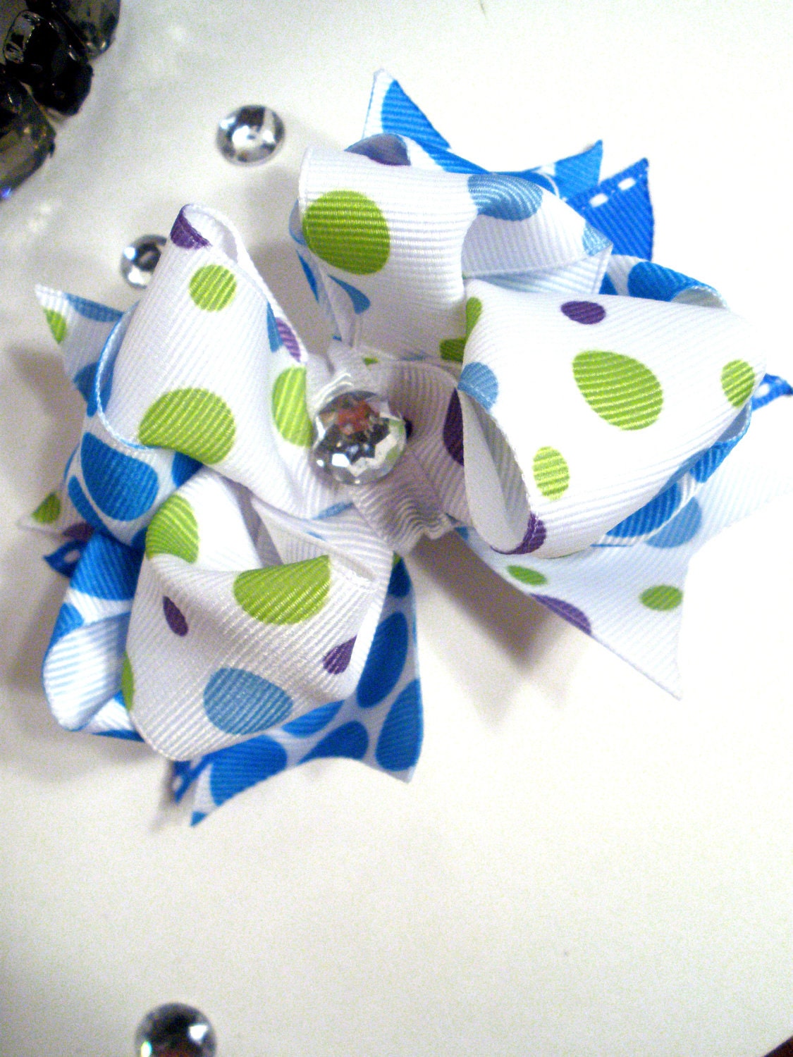 Girls Boutique Layered Hair Bow - Bubble Time - Blue, Green, Purple, Dots, Summer