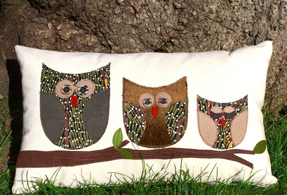 Owl Pillow/ Organic Canvas Pillow Cover/ Decorative Pillow/ 12"x20"/ OOAK /  Made To Order