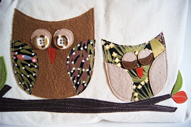 Owl Pillow/ Organic Canvas Pillow Cover/ Decorative Pillow/ 12"x20"/ OOAK /  Made To Order