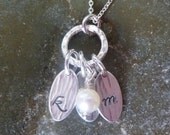 Mommy Necklace - Grandma Necklace - 3 Three Initial Charms- Hand Stamped Rippled "Leaf" or "Petal" Shapes Suspended from Fine Silver Circle