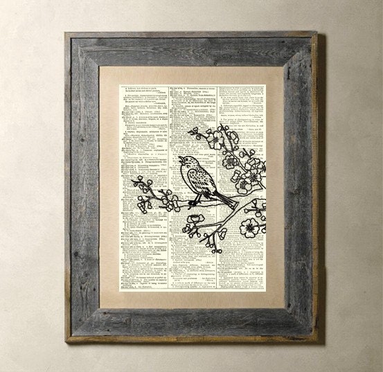 Cherry Tree Bird- Printed on a Vintage Dictionary Page 8X10