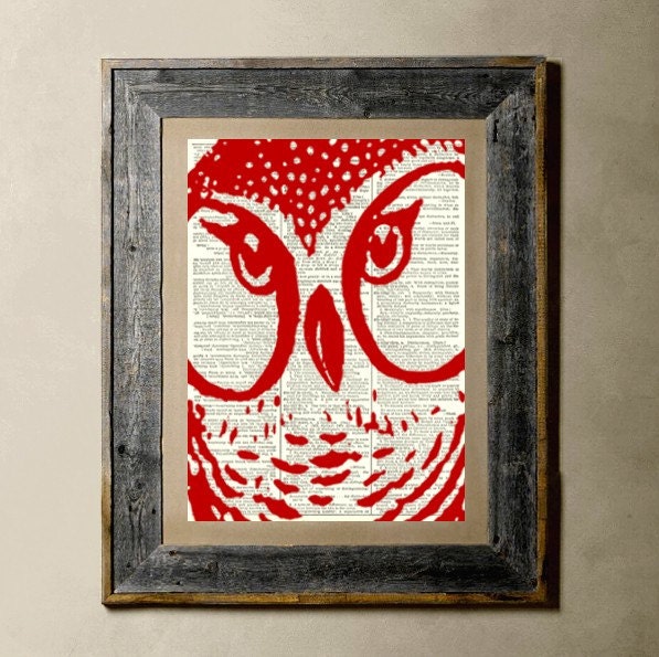 Owl(Red) - Printed on a Vintage Dictionary Page 8X10