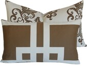 Brown and Cream Decorative Pillow Cover 12x20 Contemporary Lumbar Damask Scrolls and Geometric, Modern Classic Collection