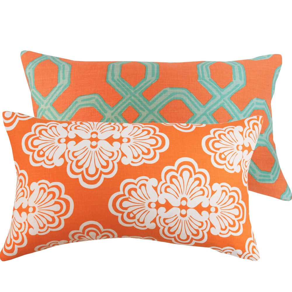 Orange Turquoise Pillow Cover 12x20 Lilly Pulitzer Lumbar Throw Pillow Nursery Decor Living Room Sofa Pillow, Mango Tango Couture Collection