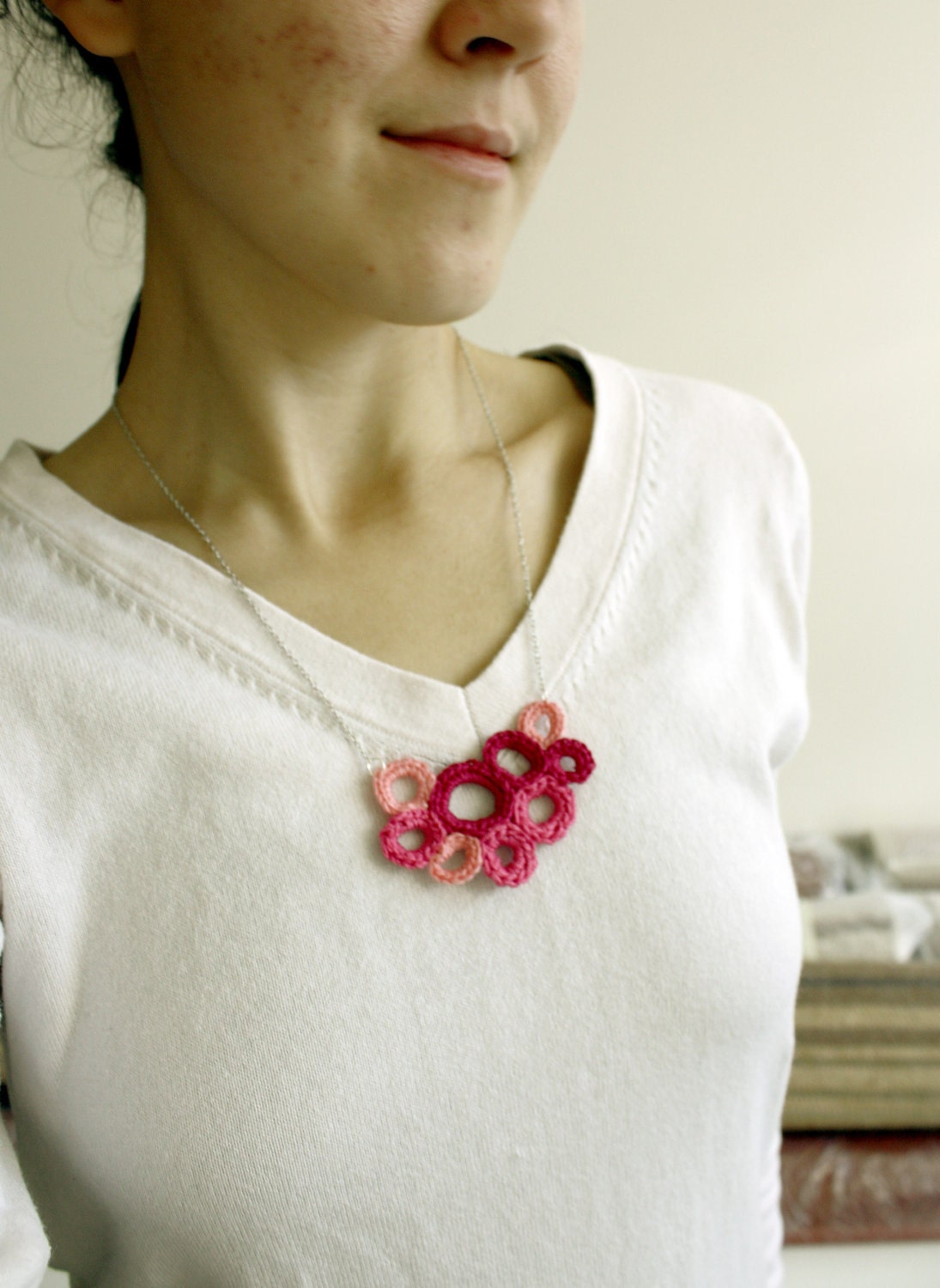 Crochet Necklace Circles in Pink Magenta Rose - Wearable Crochet Art Pendant