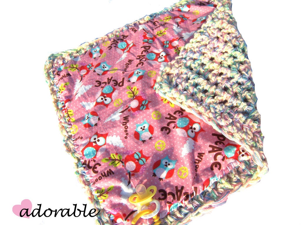 SPRING SALE - Childs Crocheted and Sewn Security Lovey Blanket in Peace Sign Owls