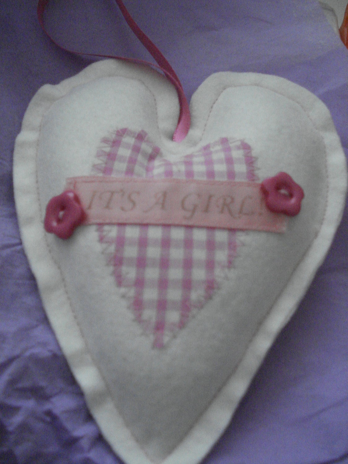 White Felt Hanging Heart, Its a Girl, New Baby heart, pink gingham heart