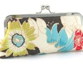 Flower Clutch Handbag Green Brown Turquoise Modern Floral Purse with Kiss Lock Clasp Nickel Metal Frame