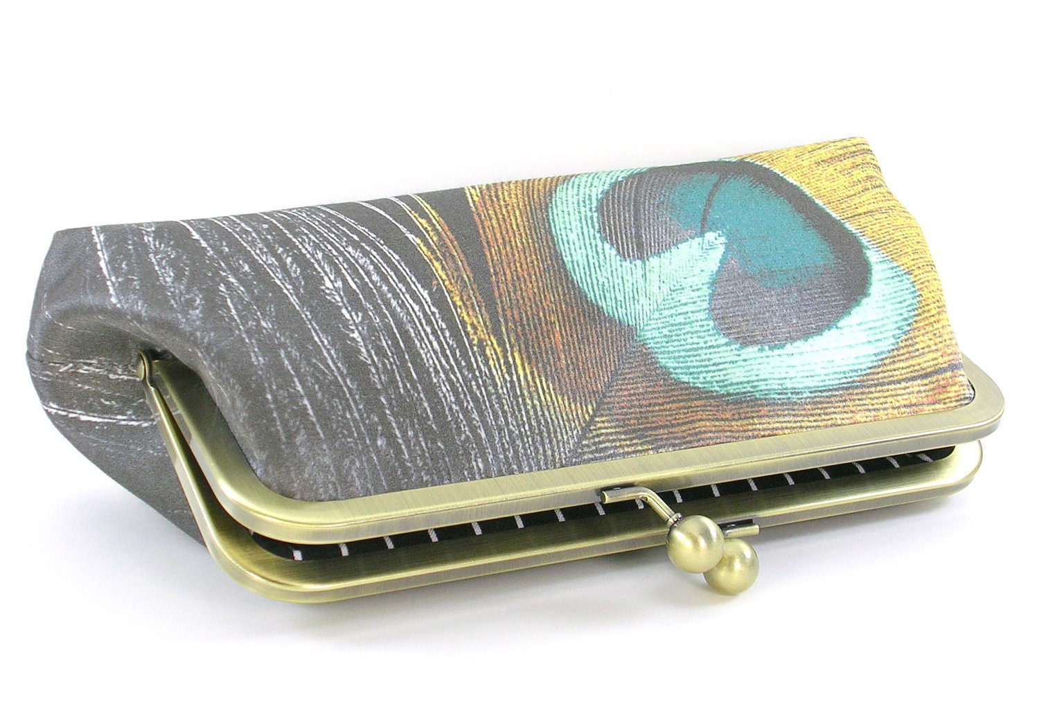 Peacock Feather Bridesmaid Clutch Evening Bag Silk Wedding Purse Gold Teal
