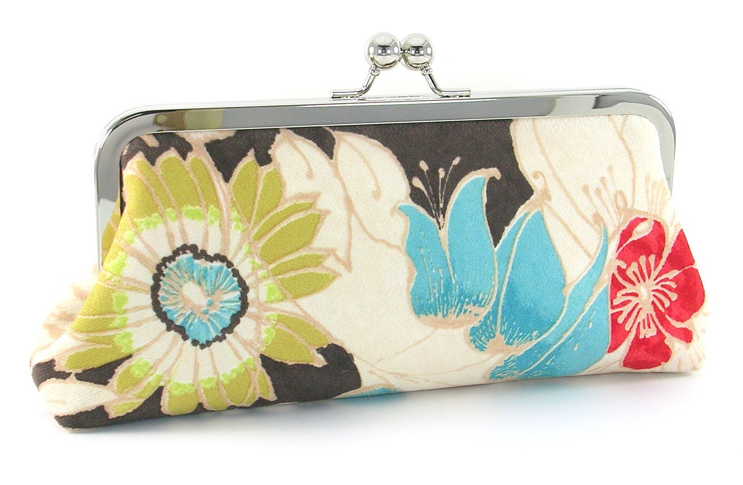 Flower Clutch Handbag Green Brown Turquoise Modern Floral Purse with Kiss Lock Clasp Nickel Metal Frame