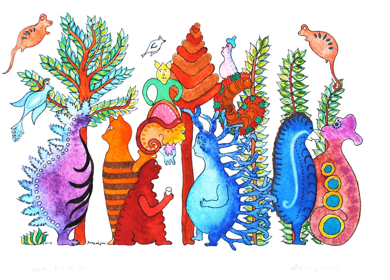 Limited Edition Giclee of Imaginary Creatures, Cats and Caterpillars, 14" by 9", Story About Title, Original in Museum