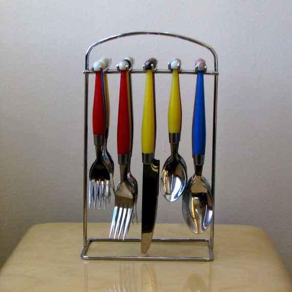 Retro Set of Hanging Flatware in Primary Colors by MidwestSplendor