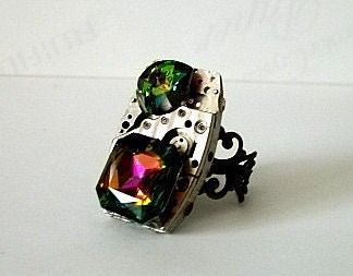 Steampunk,steampunk ring,swarovski ring,adjustable ring,crystal ring,glimer decadence,filagree ring,great gift for her