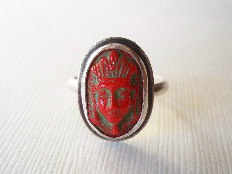 Cameo Ring. Vintage Red Glass Cameo in Sterling Silver Ring. Unique Jewelry