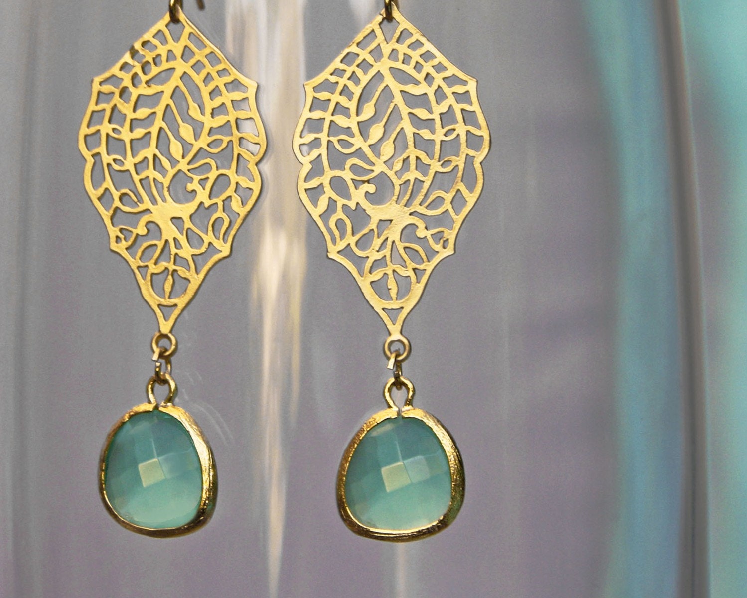SALE chandelier Filigree paisley earrings. Gold earrings with framed and faceted sea green drop